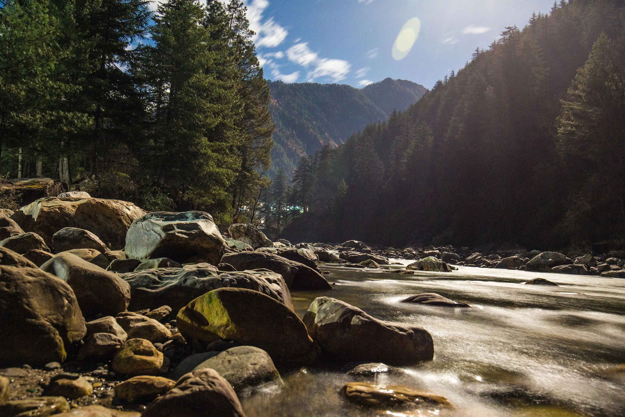 Arrive in Kasol — The Moonlit Parvati River flowing beside the Kasol Town, Himachal Pradesh